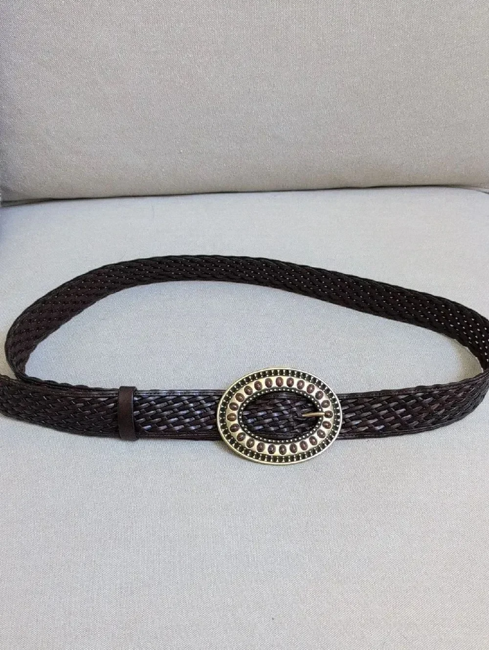 Coldwater Creek Woven Brown Leather Adjustable Belt Decorative Oval Buckle